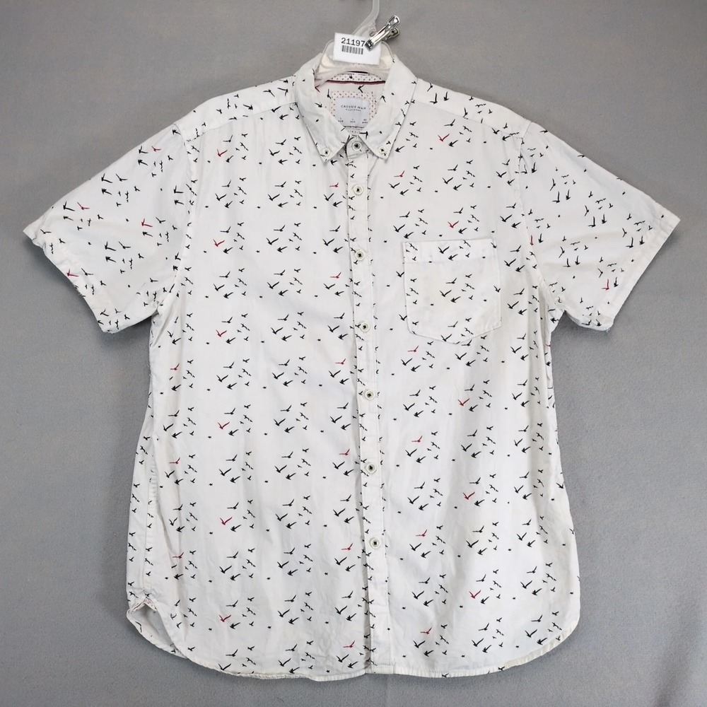 Cactus Man White Seagull Bird Print Button Down Shirt Men's L Short Slv Coastal
